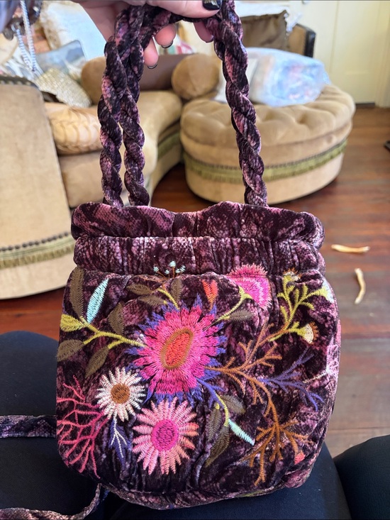 Johnny Was Handbags - Johnny Was Plum Velvet Mini Drawstring Bag with Multicolor Floral Embroidery